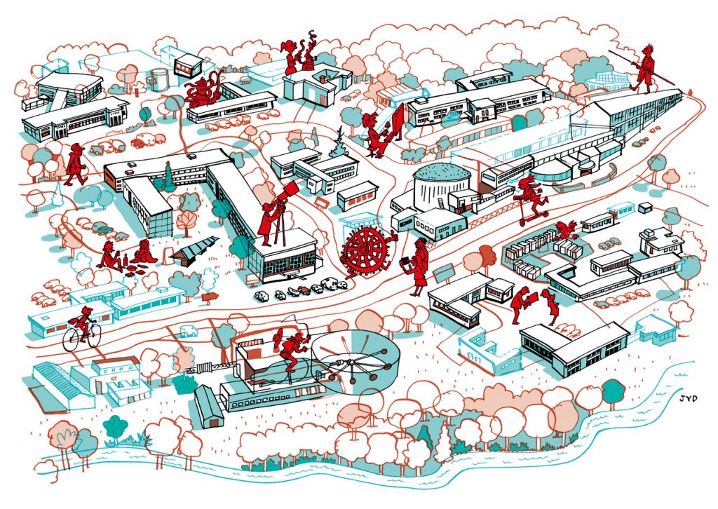 Les bâtiments d'IJCLab sur le campus universitaire d'Orsay, par Jean-Yves Duhoo, auteur illustrateur Les bâtiments d'IJCLab sur le campus universitaire d'Orsay, par Jean-Yves Duhoo, auteur illustrateur